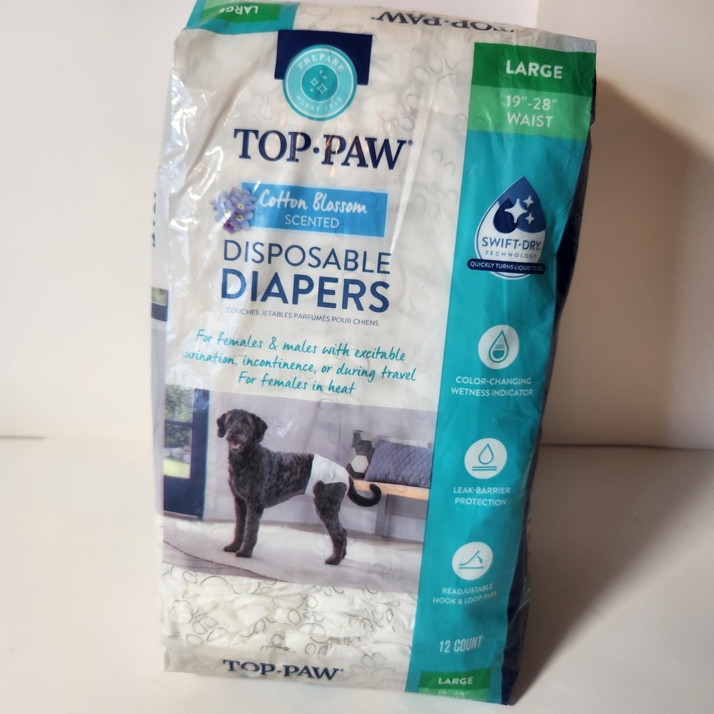 Top Paw Disposable Dog Diapers Large 12 Count Cotton Blossom Scented 19-28 Waist